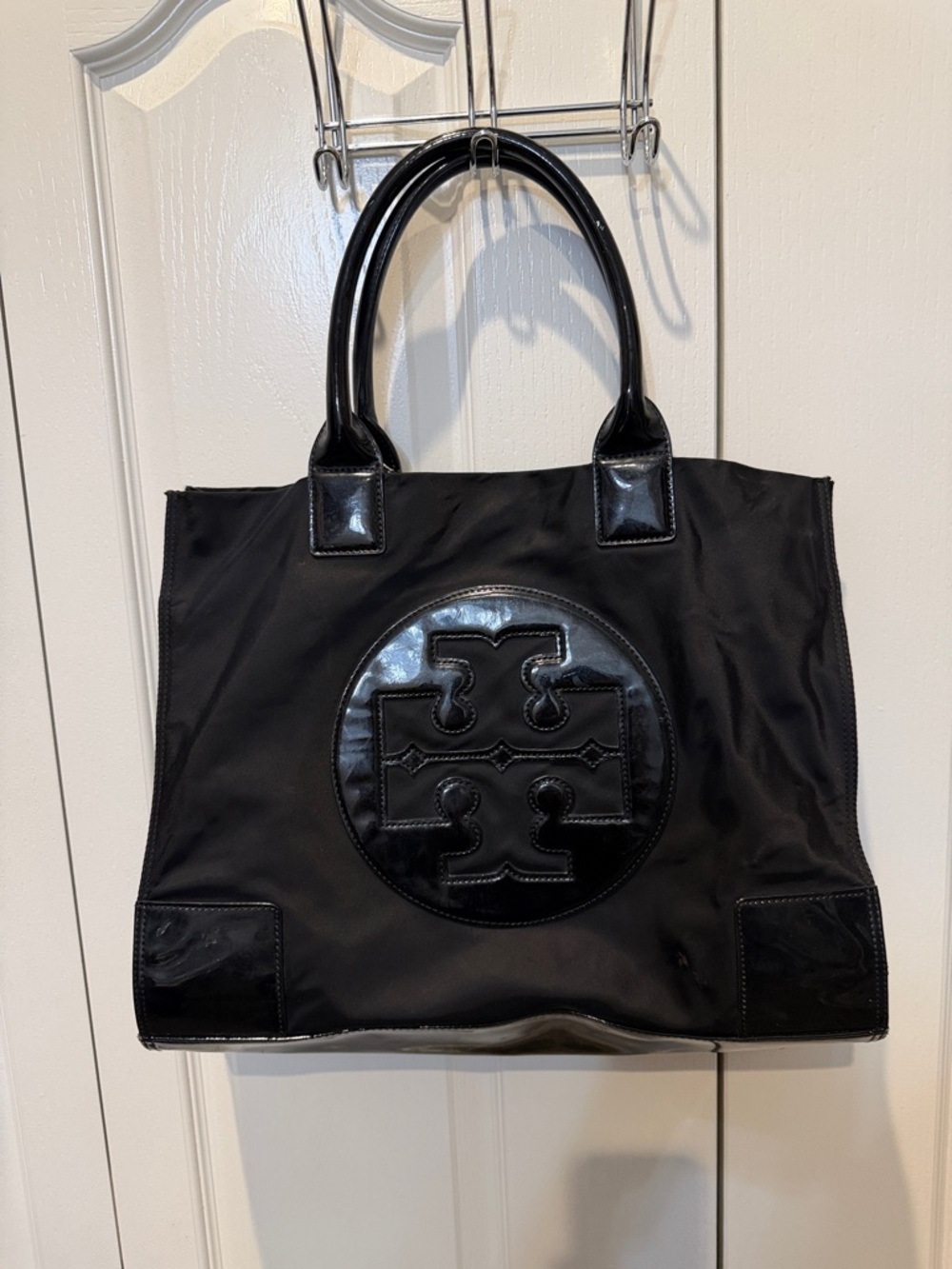 Tory Burch Large Ella Black Nylon Tote with Patent Logo